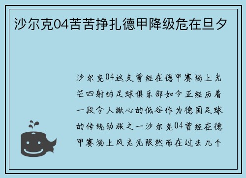 沙尔克04苦苦挣扎德甲降级危在旦夕