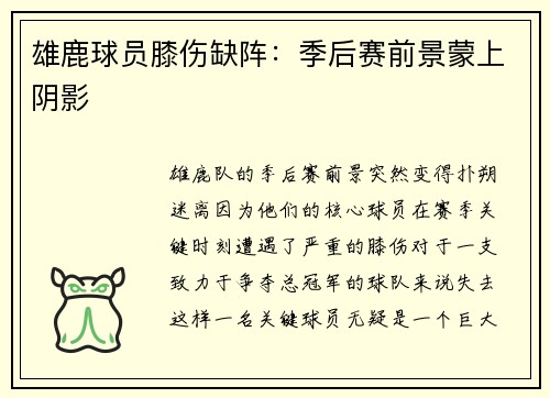雄鹿球员膝伤缺阵：季后赛前景蒙上阴影